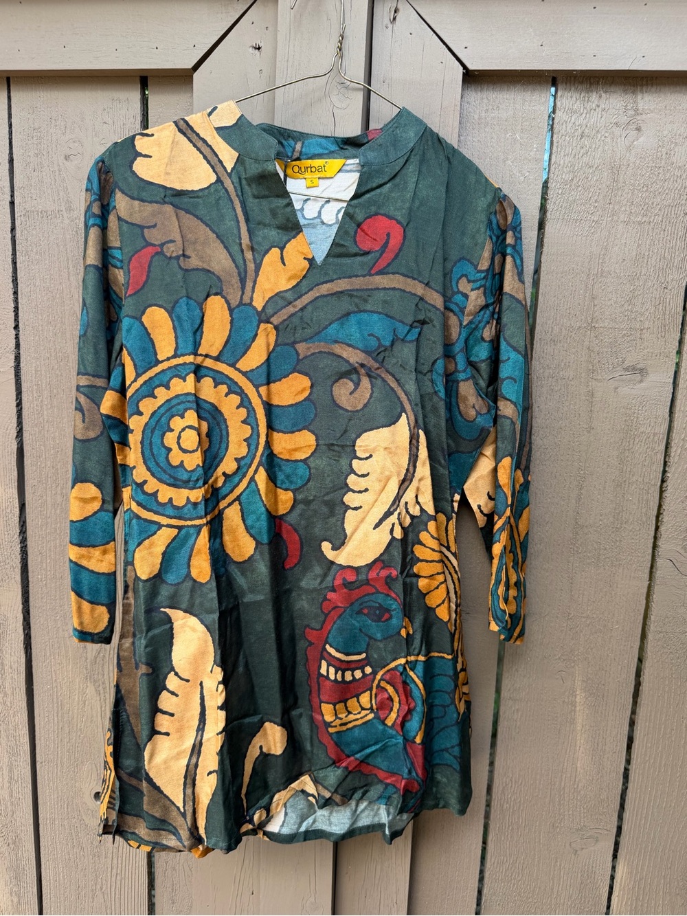 Qurbat Floral Tunic Top in Teal, Mustard & Red